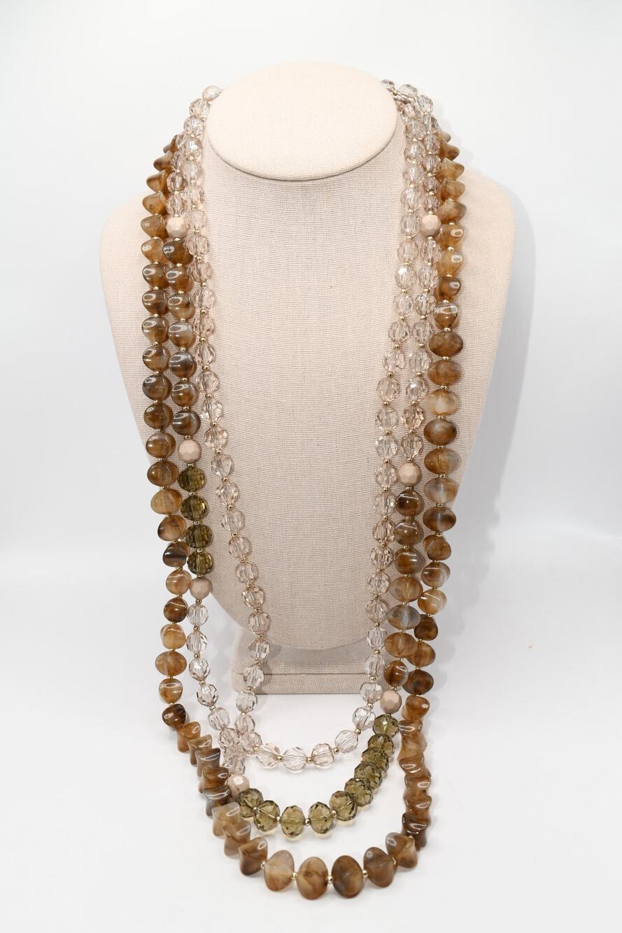 Chico's 3 Strand Beaded Necklace Neutral Glass Acrylic 36 Inch